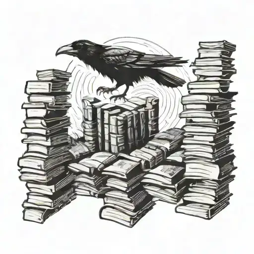 A crow flying through a labyrinth made of books tattoo design idea