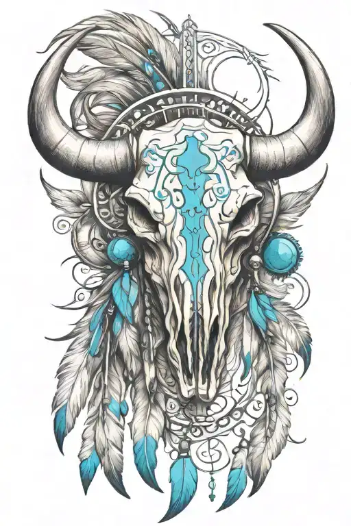 cross, bull skull, feathers, turquoise stones, bull tag tattoo design idea