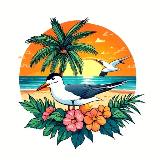 PALM TREE seagulls FLOWERS AND SUNSET WITH SAND DUNES tattoo design idea