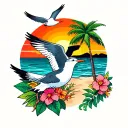 PALM TREE seagulls FLOWERS AND SUNSET WITH SAND DUNES tattoo design idea