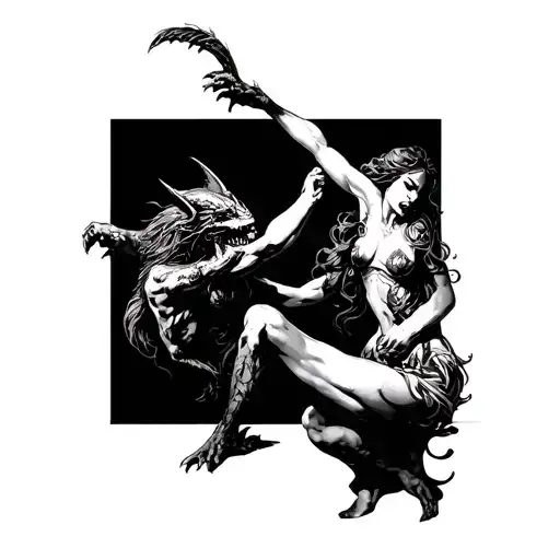 woman in skin cheese and demons fighting tattoo design idea
