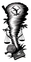tornado sucking up scales of justice, baseball bat, baseball, passport, airplane, and palm tree. tattoo design idea