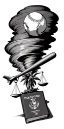 tornado sucking up scales of justice, baseball bat, baseball, passport, airplane, and palm tree. tattoo design idea