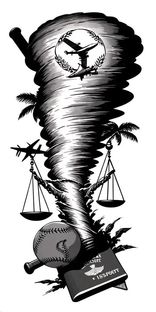 tornado sucking up scales of justice, baseball bat, baseball, passport, airplane, and palm tree. tattoo design idea