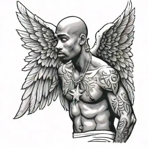 standing 2pac full body with spread angel wings tattoo design idea