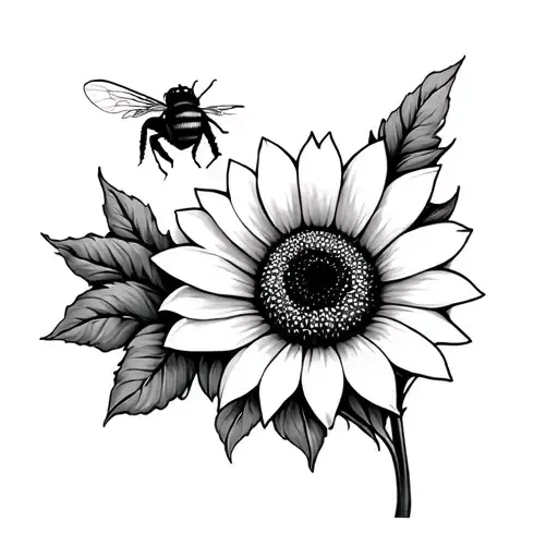 black and white sunflower and a coloured bee tattoo design idea