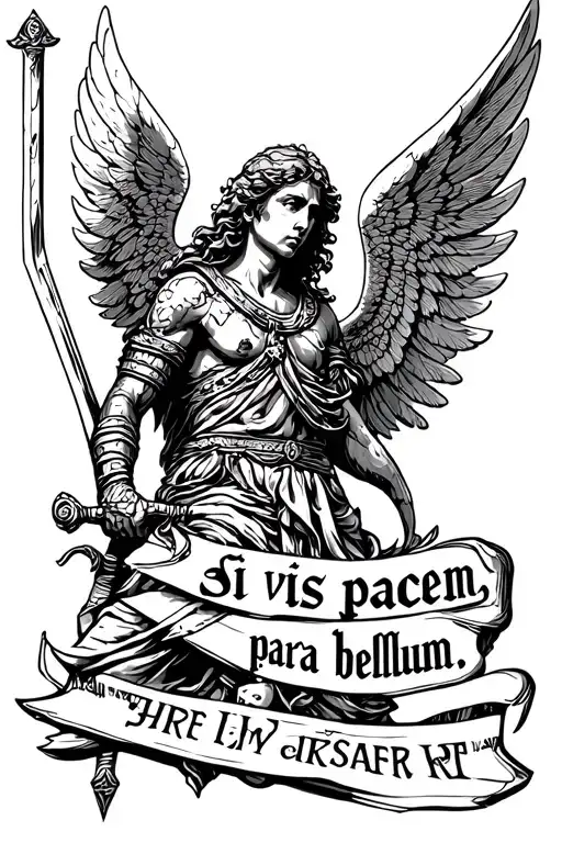 Angel warrior wielding a sword and roman quote "Si vis pacem, para bellum". Quote is going down the spine tattoo design idea