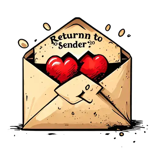 "Return to sender " "Return to sender " old wripped wrinkles open envelope qoth a broken heart sticking out of it tattoo design idea