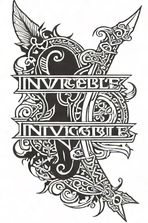 The word "Invincible" with claymore  through it on the top tattoo design idea