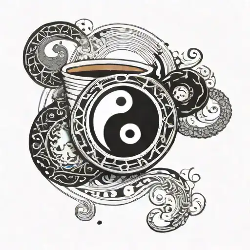 A programming code design with yin and yang elements and coffee cup accents tattoo design idea
