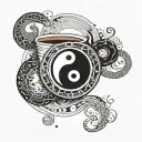 A programming code design with yin and yang elements and coffee cup accents tattoo design idea
