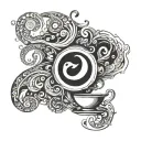 A programming code design with yin and yang elements and coffee cup accents tattoo design idea