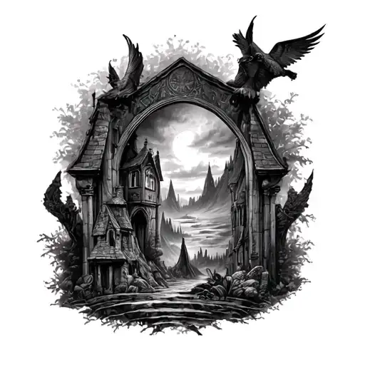 sleeve tattoo design. featuring fantasy scene from narnia, Tim Burton, Harry Potter, Disney etc tattoo design idea