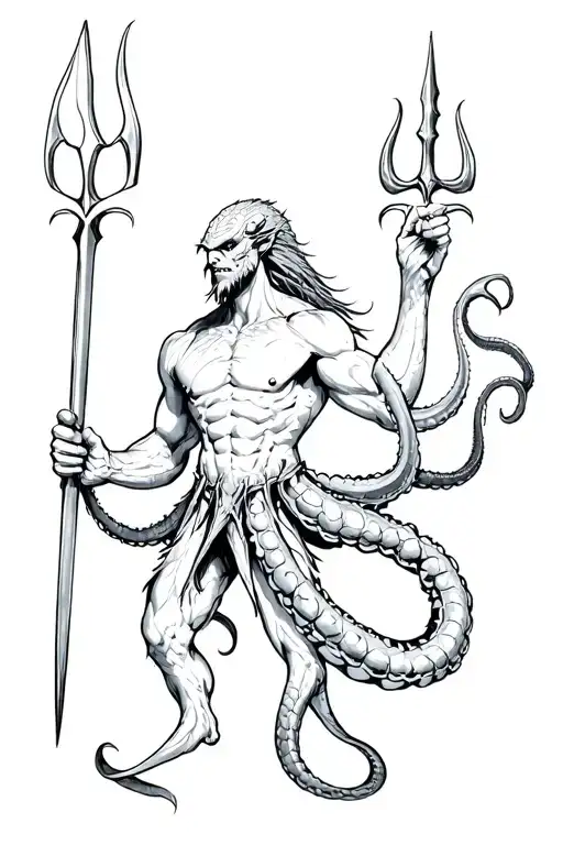 Triton with a trident in his hand and with tentacles instead of legs tattoo design idea