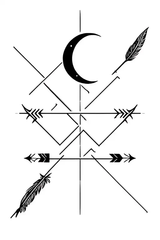 A minimalist, fine line tattoo. geometric lines, abstract design. symbols of a moon, a feather and Viking arrows  tattoo design idea