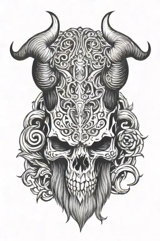 Viking skull with horns emerging tattoo design idea