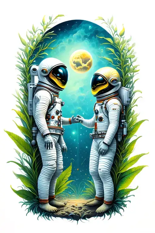 Astronaut & plant-like alien reaching out to each other tattoo design idea