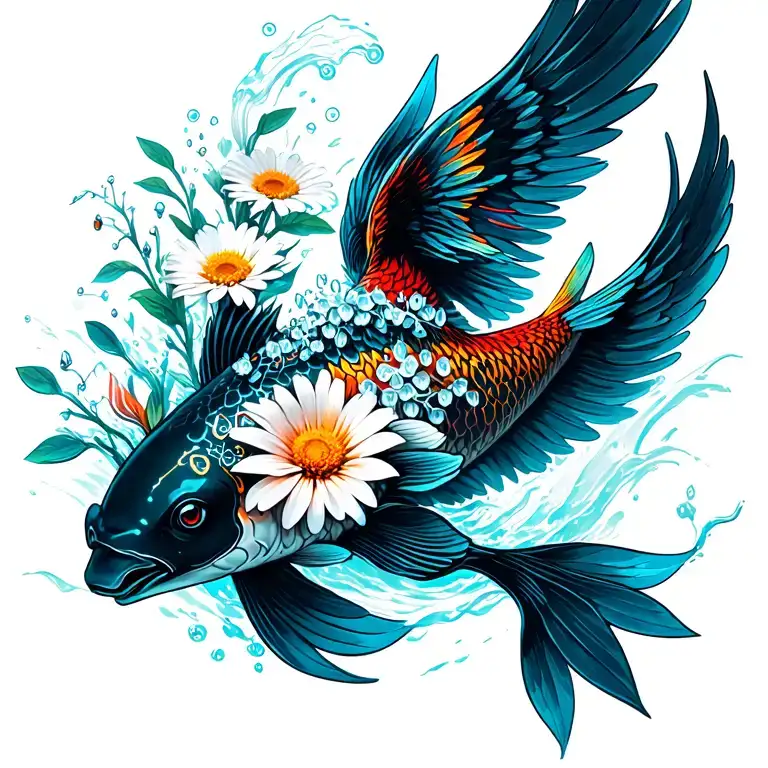 jumping Out of water black koi with phoenix wings, bouquet with an aster, a daisy, a lily of the valley, wave tattoo design idea