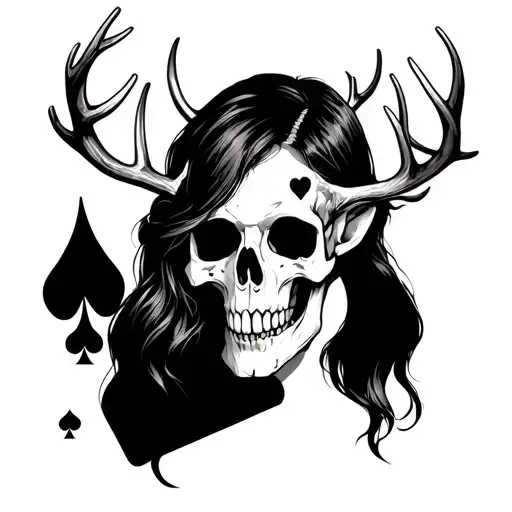 A half skull half girl forearm sleeve with a playing card and stag skull tattoo design idea