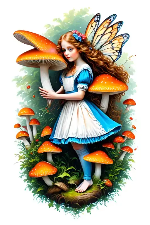 Alice in wonderland fairy surrounded by mushrooms growing tattoo design idea