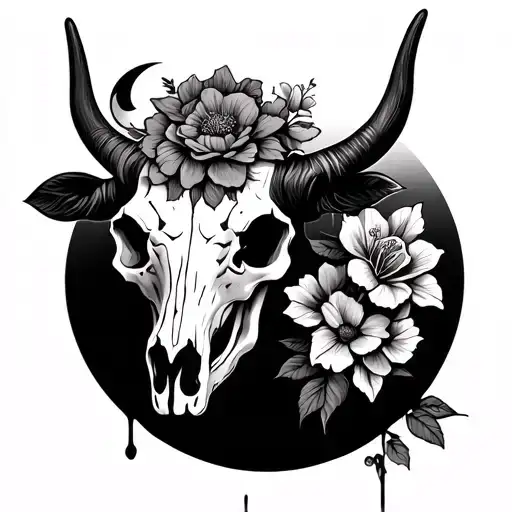 A male cow skull with a bleeding heart, flowers and moon flowers all over the skull and the horns in one big flower in t tattoo design idea