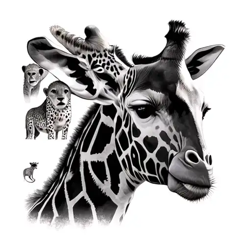 i want a giraffe as the main centre piece with a background with a cheetah, a meerkat, a lion, an elephant and a red bil tattoo design idea