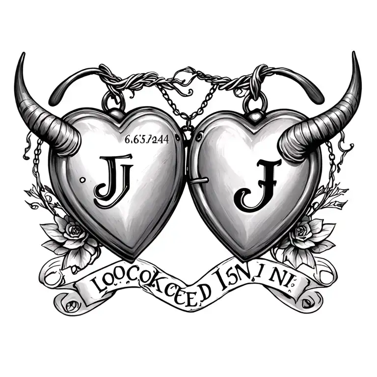heart locket with the letter J,  bull horns, 6.15.24, and the words: Locked In written in script font  tattoo design idea