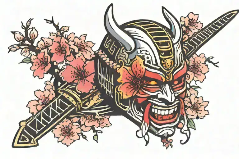 Japanese samurai mask with cherry blossoms sleeve tattoo tattoo design idea