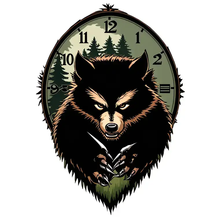gentle wolverine with pine trees and a clock showing its claws tattoo design idea