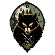 gentle wolverine with pine trees and a clock showing its claws tattoo design idea