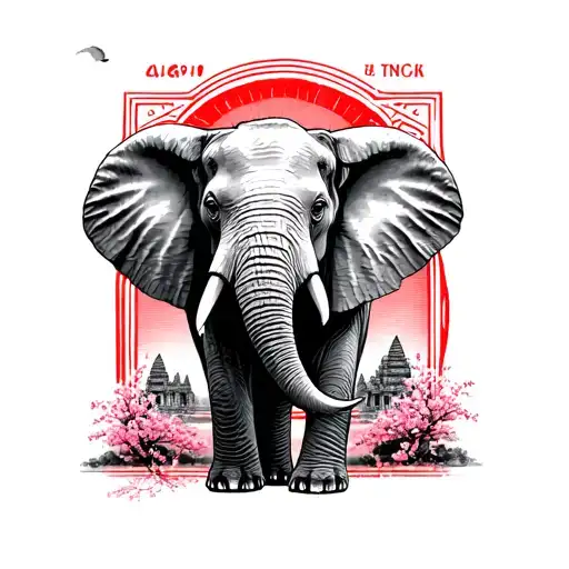 black & white elephant inside a red outline postage stamp. angkor wat in background. pink cherry blossom at bottom tattoo design idea