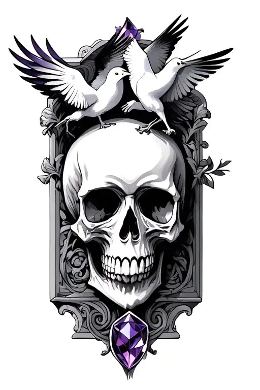 Skull and Doves tombstone amethyst tattoo design idea