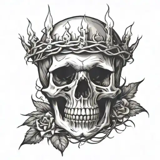 skull in a crown of thorns, praying hands with a cross, burning candles tattoo design idea