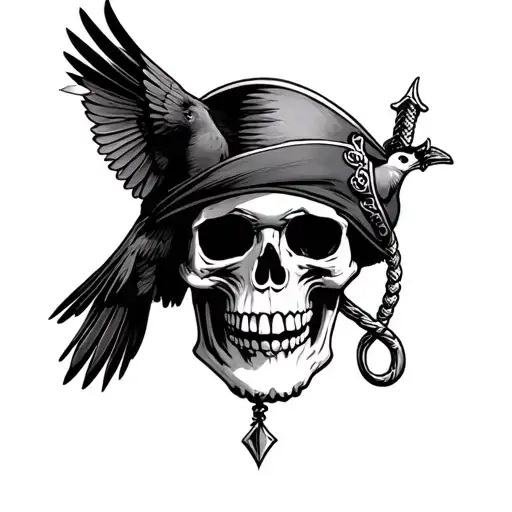 pirate skull that works with existing sparrow tattoo and bands of mourning on wrist tattoo design idea