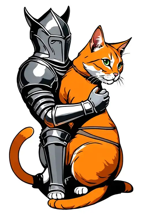 knight kneeling to pet orange cat tattoo design idea