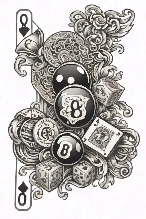 playing cards with dice money and an 8 ball around it  tattoo design idea