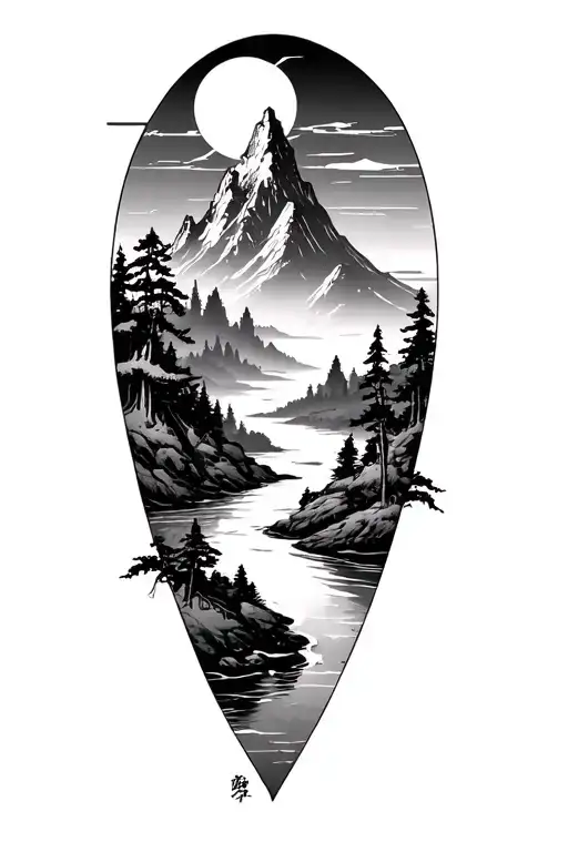 A mountain in the background, a tori and a river in the middle in black and white tattoo design idea