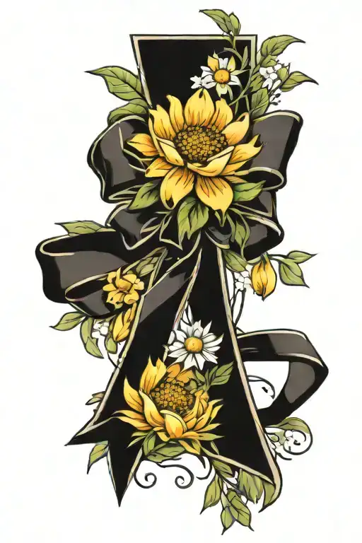 flower bouquet with daisy, poppy, aster, daffodil and a bow tattoo design idea