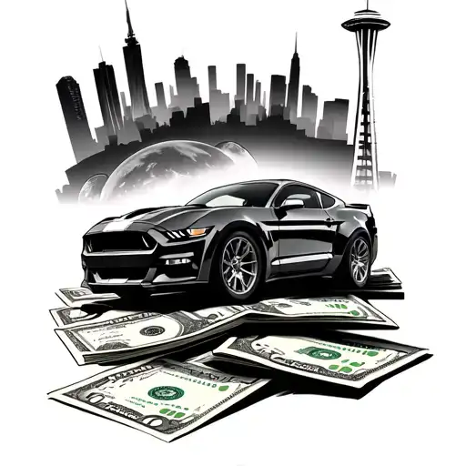 2016 mustang driving on top of $100 bills and seattle space needle and skyline in background  tattoo design idea