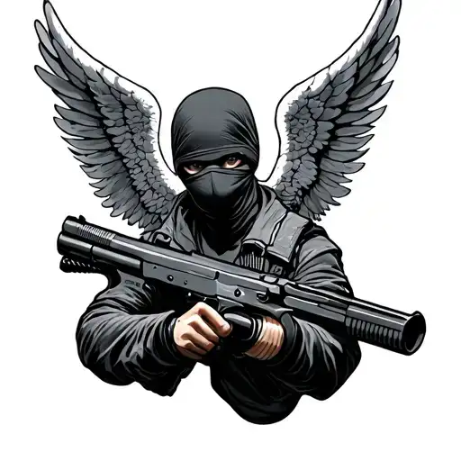 angel with ski mask and gun tattoo design idea