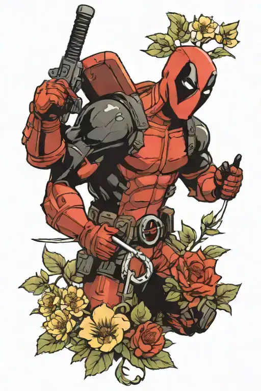 Deadpool holding buttercup flowers. add text that says more than all the stars in the night sky tattoo design idea