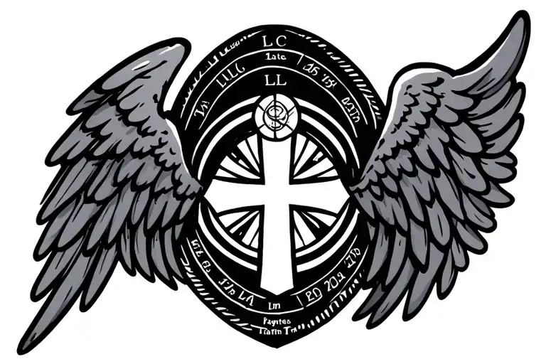 angel wings with a white cross in the middle with a circle above it and two dates under it with LLC and LLN in the wings tattoo design idea