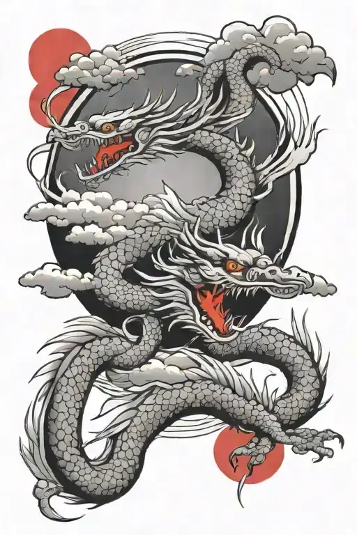 Japanese dragon and cranes flying with red sun tattoo design idea