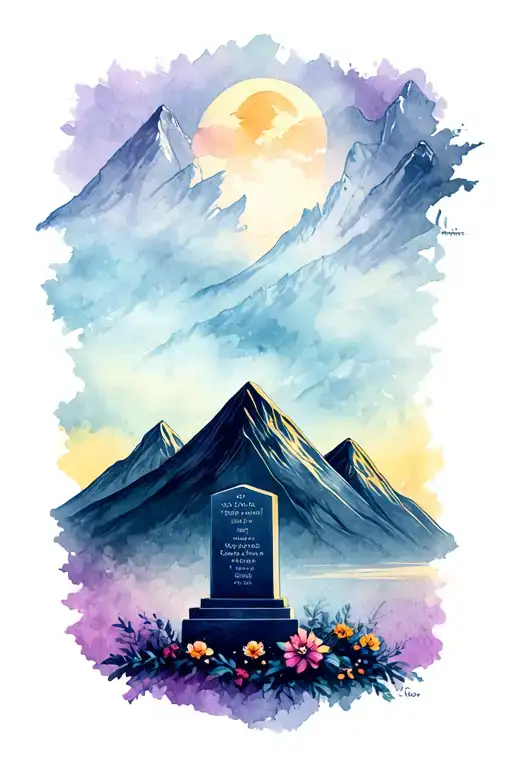 a gravestone with a mountain range in the background in a diamond tattoo design idea