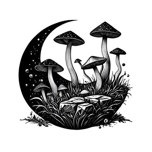 philosophers stone with pylosybin mushrooms growing out, shadow moon image  tattoo design idea