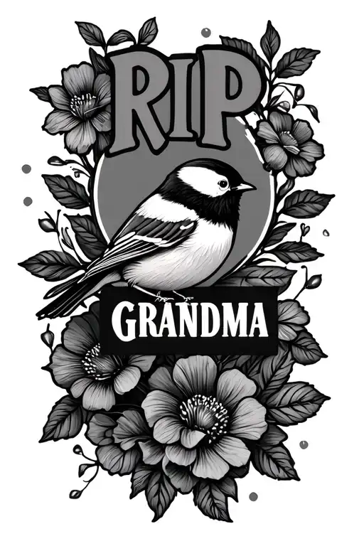 "RIP Grandma" Flowers and Chickadee tattoo design idea