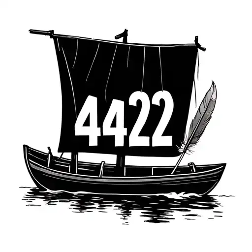 A line drawing of a row boat with "4422" on it and a single feather tattoo design idea