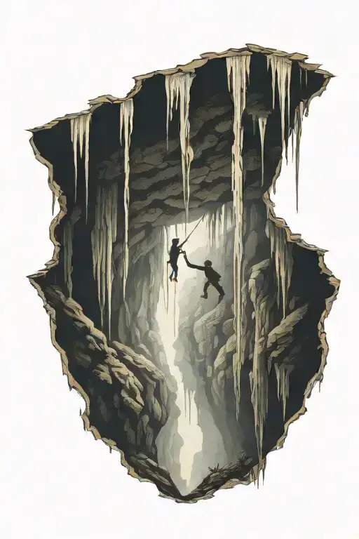 a vast cave chamber filled with stalagtites and stalagmites with a silhouette of a man rappelling from the ceiling tattoo design idea