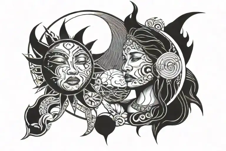 indigenous woman with planet earth; sun; moon; tattoo design idea