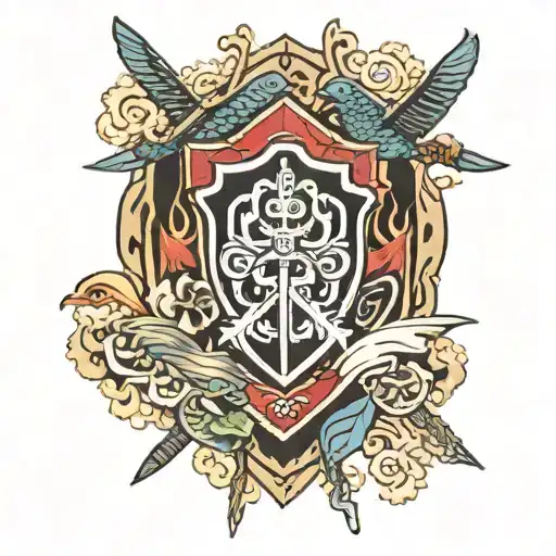 shield with swords and bonded for life around it with pops travis shawn Dakota in the middle of the shield tattoo design idea